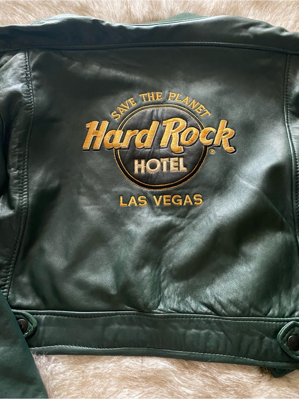 Hard Rock Cafe Green Leather Bomber Jacket with Gold Embroidery